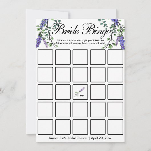 Lavender eucalyptus elegant Bridal bingo game card Kaart (Voorkant)