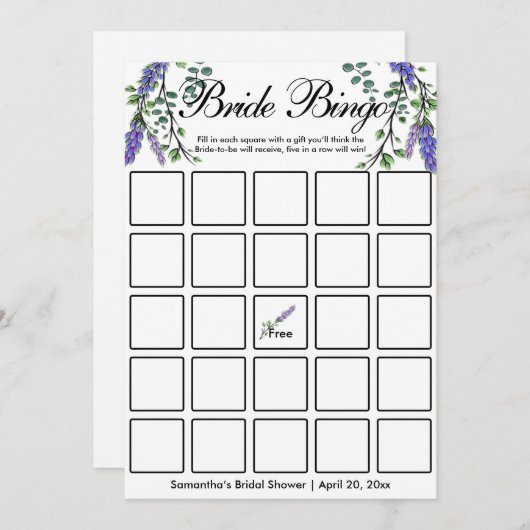 Lavender eucalyptus elegant Bridal bingo game card Kaart (Voorkant / Achterkant)