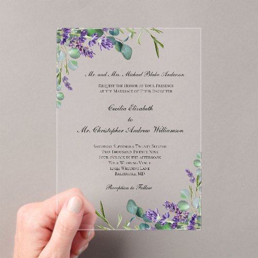 Lavender Eucalyptus Elegant Formal Wedding Acryl Uitnodigingen (Insitu (Draagbaar))