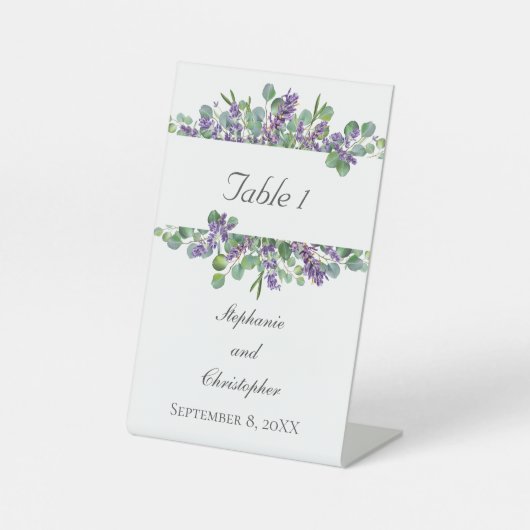 Lavender Eucalyptus Elegant Wedding Table Sign Reclamebord Met Voetstuk (Voorkant)