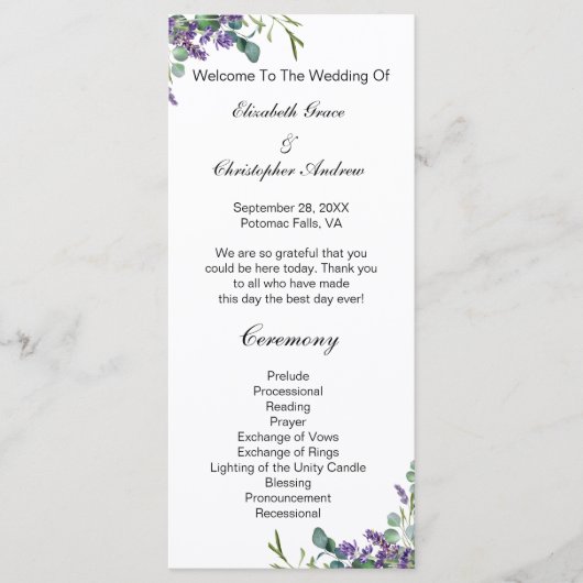 Lavender Eucalyptus Floral Botanical Wedding Menu (Voorkant)