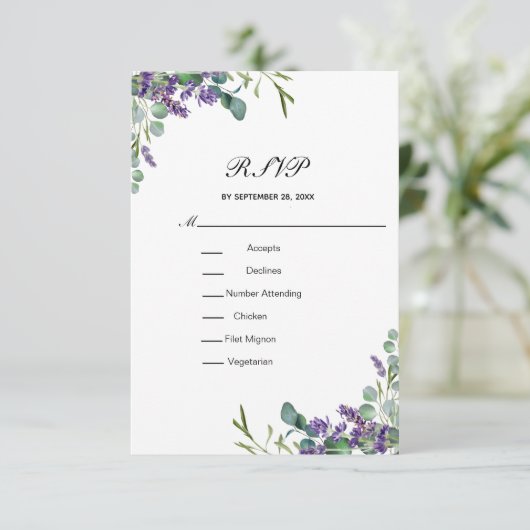 Lavender Eucalyptus Floral Formal Elegant Wedding RSVP Kaartje (Staand voorkant)