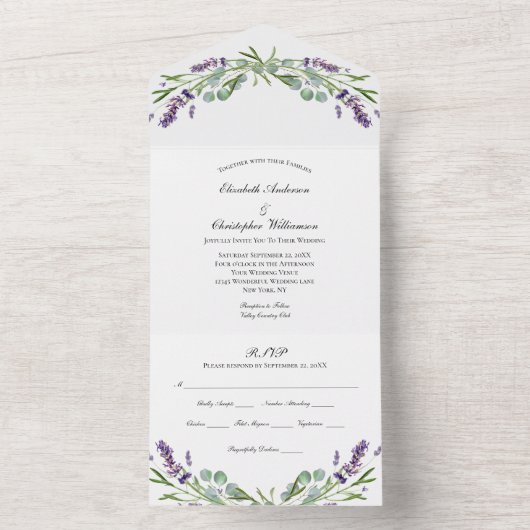 Lavender Eucalyptus Floral Trifold Wedding All In One Uitnodiging (Binnen)