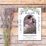 Lavender eucalyptus foto QR bruiloft met uitzonder Save The Date<br><div class="desc">Een moderne en elegante Save the Date for a bruiloft. Een witte achtergrond versierd met lavendere bloemen en eucalyptusgroen. Pas een datum, foto en uw namen aan en voeg deze toe. De tekst: Sparen de Datum wordt geschreven met een groot trendy hand lettered stijlmanuscript. Terug: groene achtergrond, je URL naar...</div>