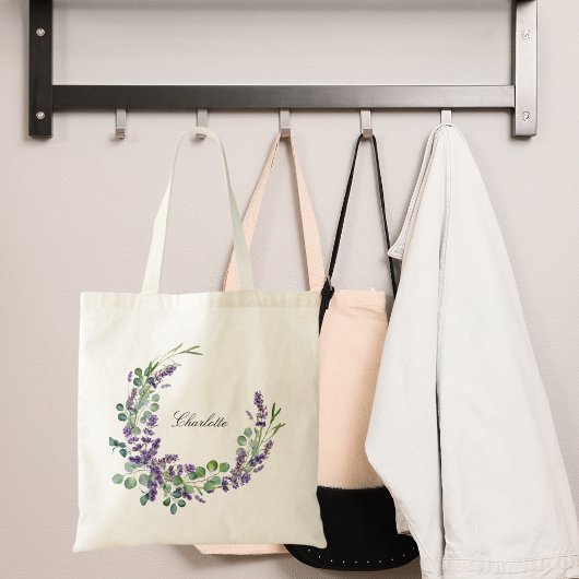 Lavender eucalyptus greenery floral name script tote bag