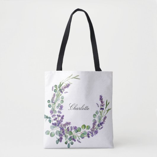 Lavender eucalyptus greenery floral name script tote bag (Voorkant)