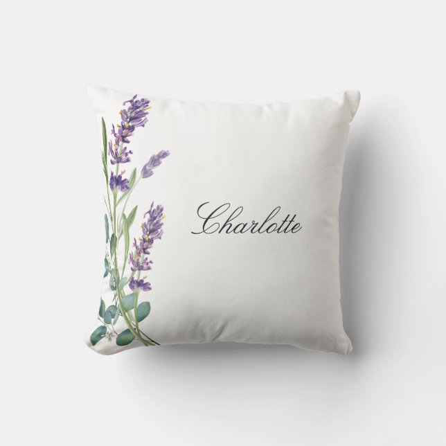 Lavender eucalyptus greenery name script white buitenkussen (Voorkant)