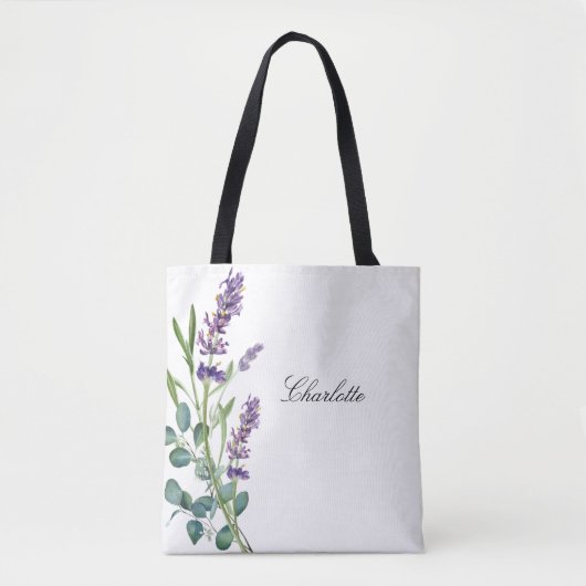 Lavender eucalyptus greenery name script white tote bag (Voorkant)