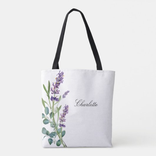 Lavender eucalyptus greenery name script white tote bag (Achterkant)
