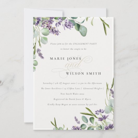 Lavender Eucalyptus Leafy Bunch Verloving Invite Bedankkaart (Voorkant)