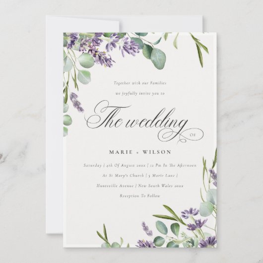 Lavender Eucalyptus Leafy Bunch Wedding Invite Bedankkaart (Voorkant)