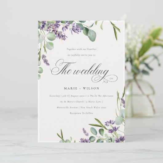 Lavender Eucalyptus Leafy Bunch Wedding Invite Bedankkaart (Staand voorkant)
