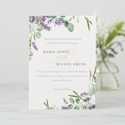 Lavender Eucalyptus Leafy Bunch Wedding Invite Bedankkaart (Staand voorkant)