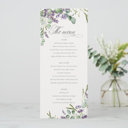 Lavender Eucalyptus Leafy Bunch Wedding Menu Kaart (Staand voorkant)