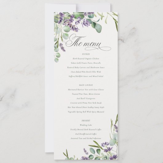 Lavender Eucalyptus Leafy Bunch Wedding Menu Kaart (Voorkant)