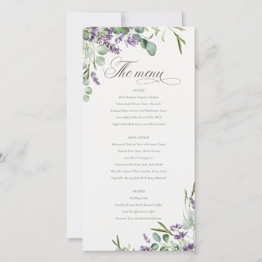 Lavender Eucalyptus Leafy Bunch Wedding Menu Kaart (Voorkant)