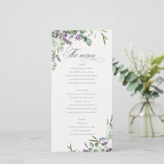 Lavender Eucalyptus Leafy Bunch Wedding Menu Kaart (Staand voorkant)