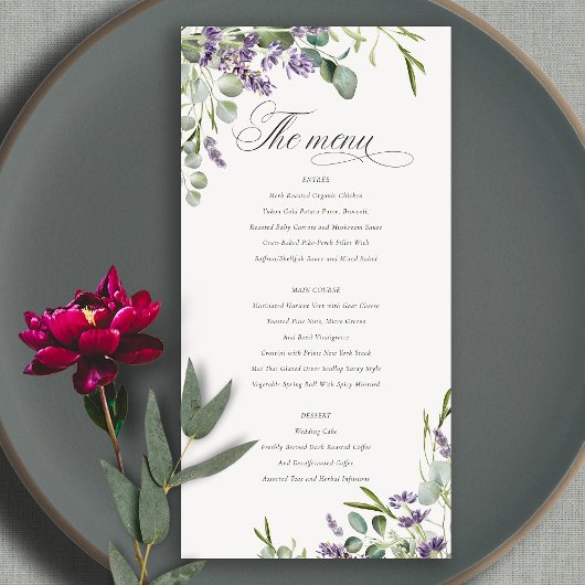 Lavender Eucalyptus Leafy Bunch Wedding Menu Kaart
