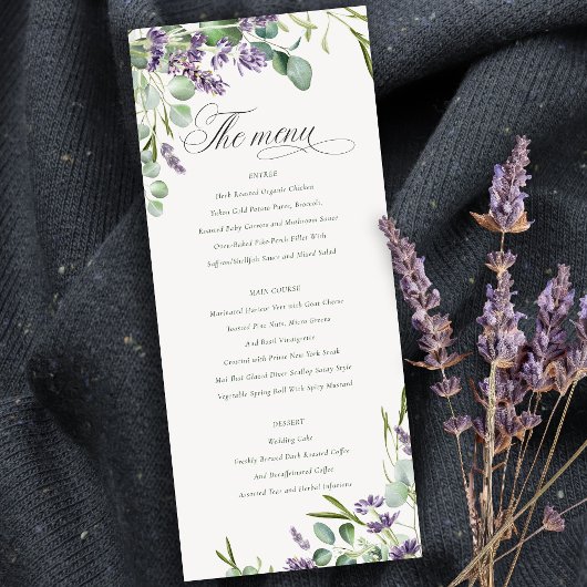 Lavender Eucalyptus Leafy Bunch Wedding Menu Kaart