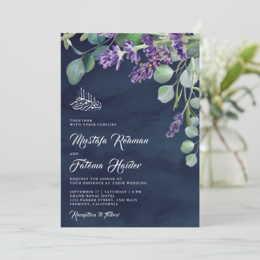 Lavender Eucalyptus Navy Blue Islamic Weddenschap Kaart (Staand voorkant)