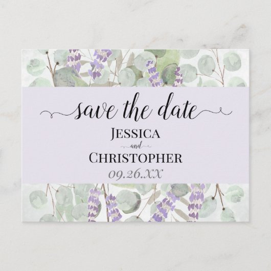 Lavender & Eucalyptus Paarse bruiloft Opslaan Datu Aankondigingskaart (Voorkant)