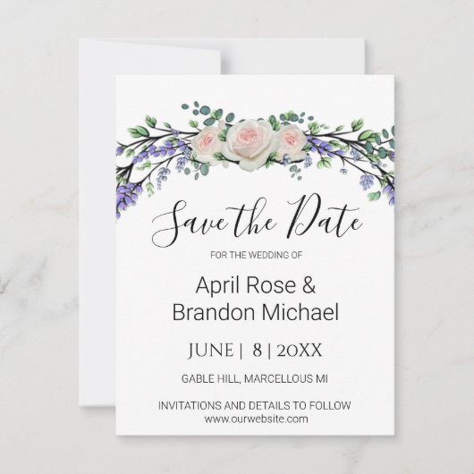 Lavender Eucalyptus roze witte rozen Sparen de Dat Save The Date (Voorkant)