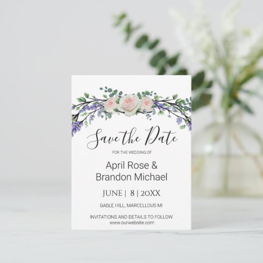 Lavender Eucalyptus roze witte rozen Sparen de Dat Save The Date (Staand voorkant)