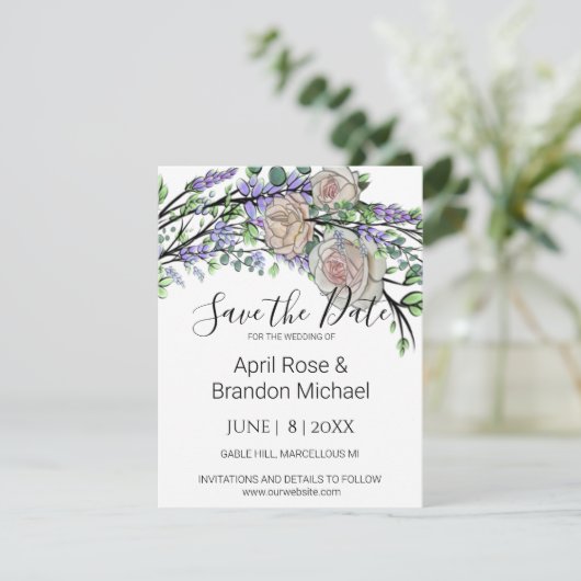 Lavender Eucalyptus roze witte rozen Sparen de Dat Save The Date (Staand voorkant)