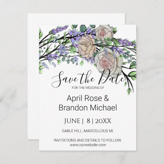 Lavender Eucalyptus roze witte rozen Sparen de Dat Save The Date (Voorkant / Achterkant)