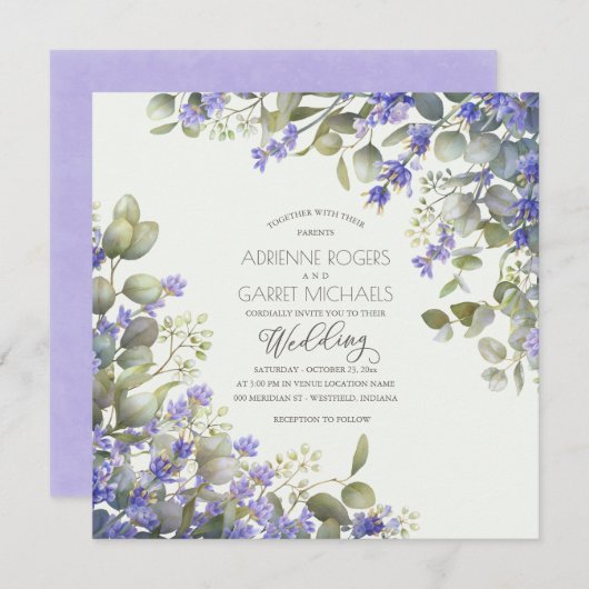 Lavender & Eucalyptus Square Weddenschap Kaart (Voorkant / Achterkant)