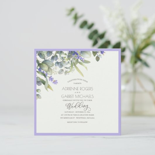 Lavender & Eucalyptus Square Weddenschap Kaart (Staand voorkant)
