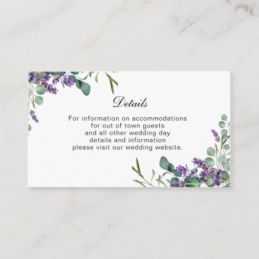 Lavender Eucalyptus Weddenschap met details Informatiekaartje (Voorkant)