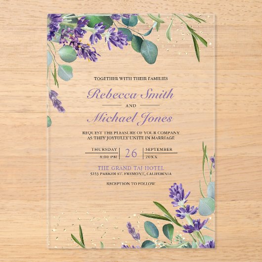 Lavender Eucalyptus Wedding Acryl Uitnodigingen (Voorkant)