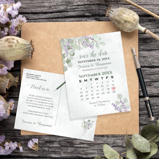 Lavender Eucalyptus Wedding Save the Date Calendar Aankondigingskaart