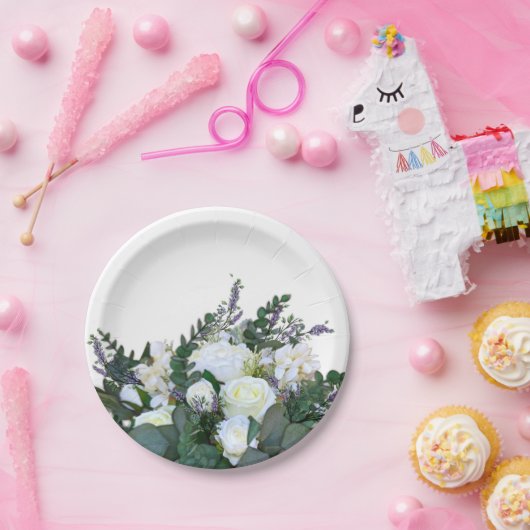 Lavender Eucalyptus white roses greenery Papieren Bordje (Feest)