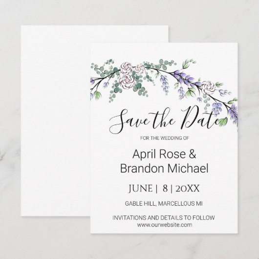 Lavender Eucalyptus white roses waterverf Save The Date (Voorkant / Achterkant)