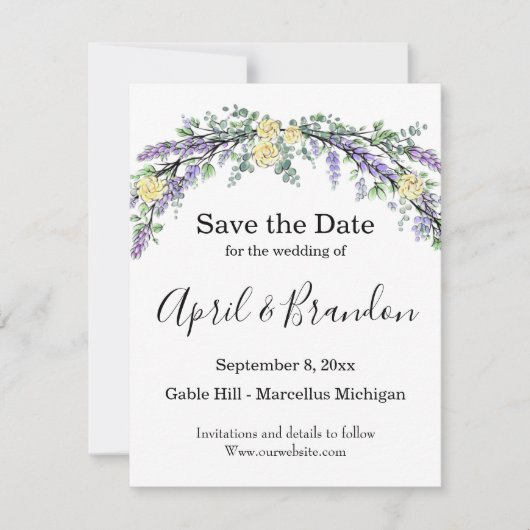 Lavender Eucalyptus yellow roses waterverf Save The Date (Voorkant)