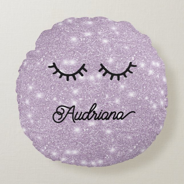 Lavender Faux Glitter Eyelashes Personalized Name Rond Kussen (Voorkant)