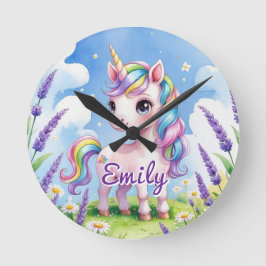 Lavender Field Unicorn bewerkbare naamklok Ronde Klok