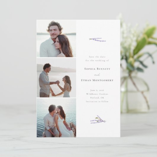 Lavender Fields 3 foto bruiloft Aangepast Save The Date (Staand voorkant)