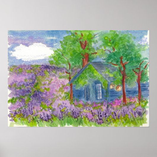 Lavender Fields Country Cabin Waterverf Painting Poster (Voorkant)