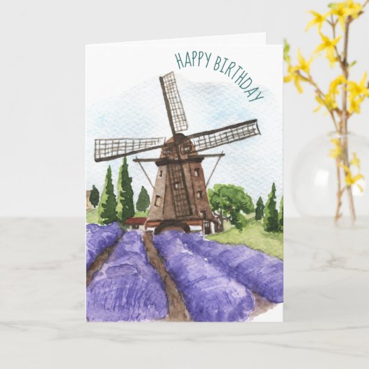 Lavender Fields en Windmill Birthday Card Kaart (Gele Bloem)