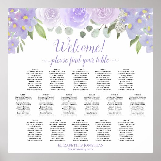 Lavender Floral 16 Table Wedding Seating Chart Poster (Voorkant)