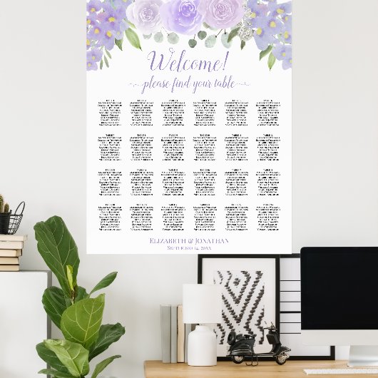Lavender Floral 24 Table Wedding Seating Chart Poster (Thuiskantoor)