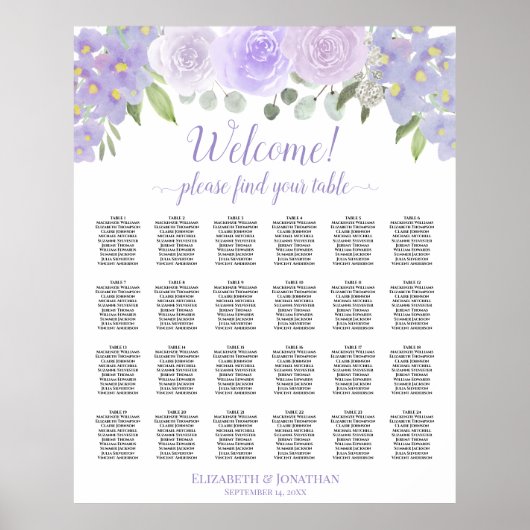 Lavender Floral 24 Table Wedding Seating Chart Poster (Voorkant)