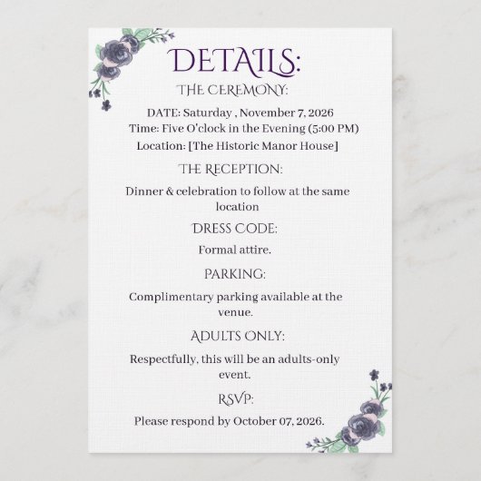 Lavender Floral All-in-One Wedding Invite Kaart (Achterkant)