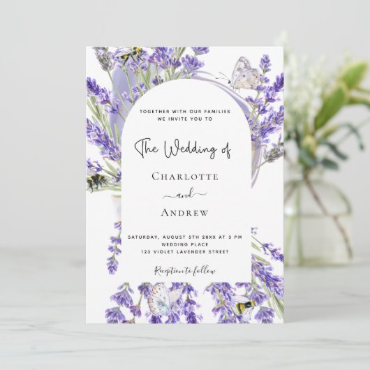 Lavender floral arch White script bruiloft Kaart (Staand voorkant)