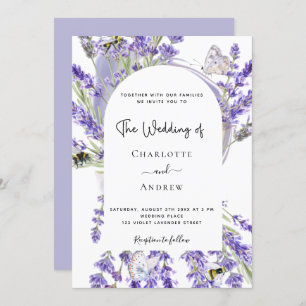 Lavender floral arch White script bruiloft Kaart