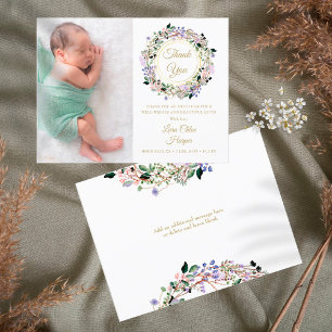 Lavender Floral Baby Foto Gold Hartelijk dank Aankondigingskaart