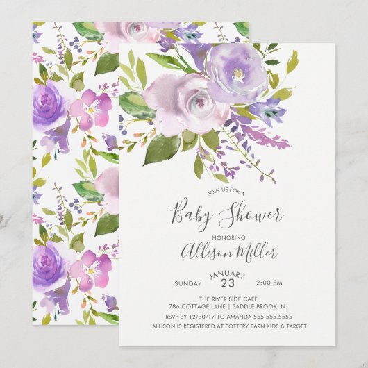 Lavender Floral Baby shower Invitation Kaart (Voorkant / Achterkant)
